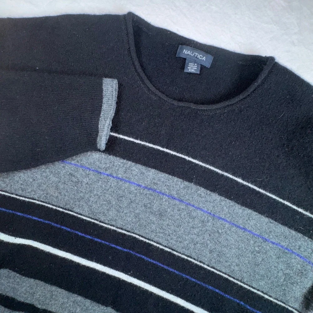 Nautica Sweater Mens XXL Black Grey Striped 100% Wool Crewneck Pullover